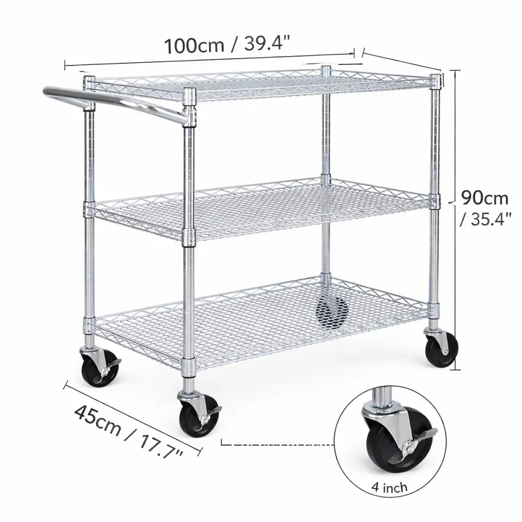 Heavy-Duty 3-Tier Chrome Utility Cart with Wheels – Unassembled..webp