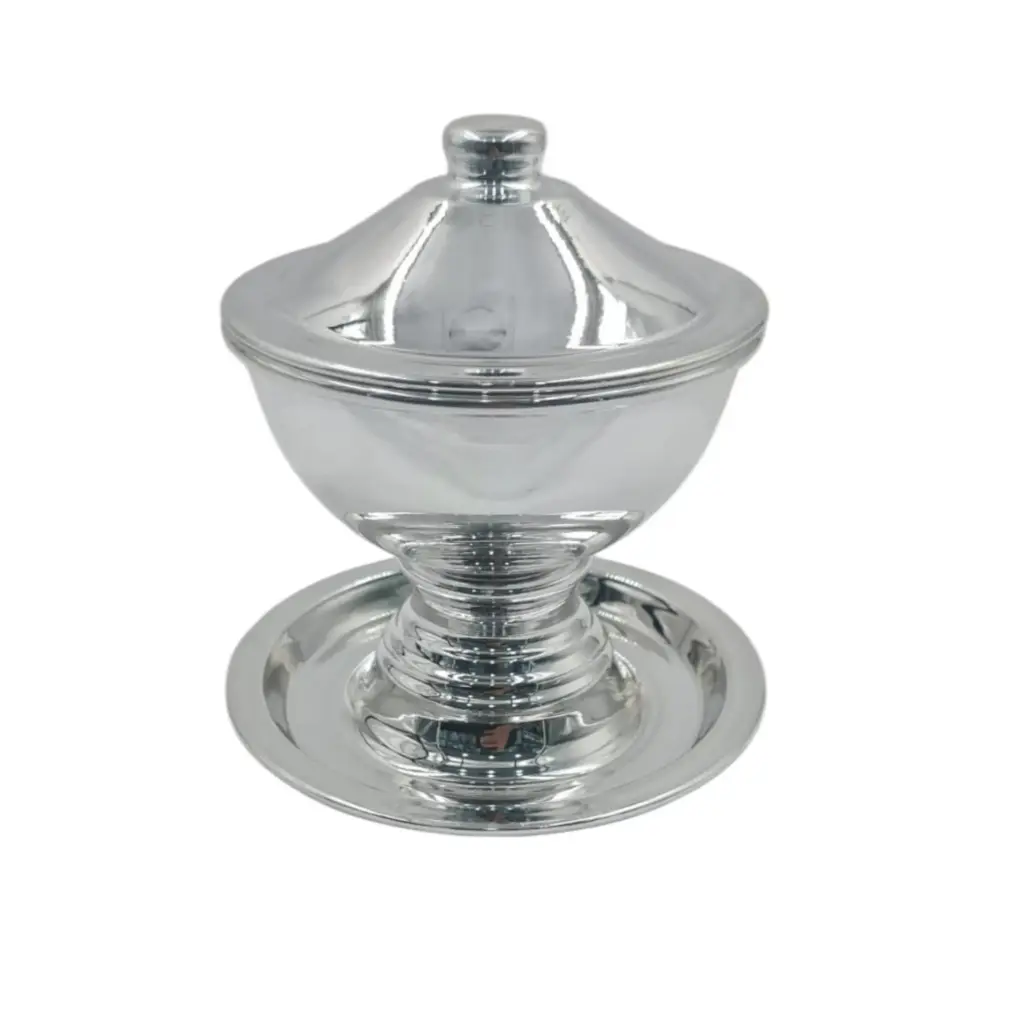 Elegant Steel Date Bowl – Mirror-Finish with Decorative Silver Lid
